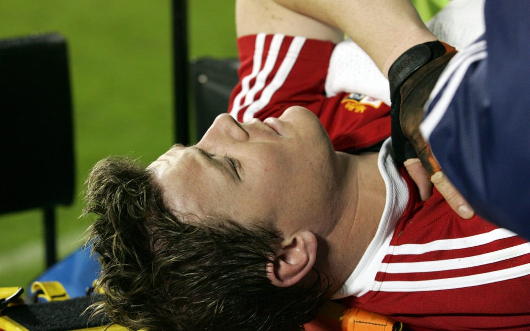 Brian O'Driscoll is stretchered off during the first Test between the All Blacks and Lions in Christchurch in 2005.