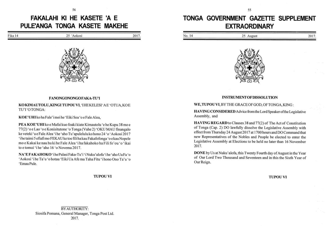 The Tonga Gazzette notice announcing the dissolution of parliament.