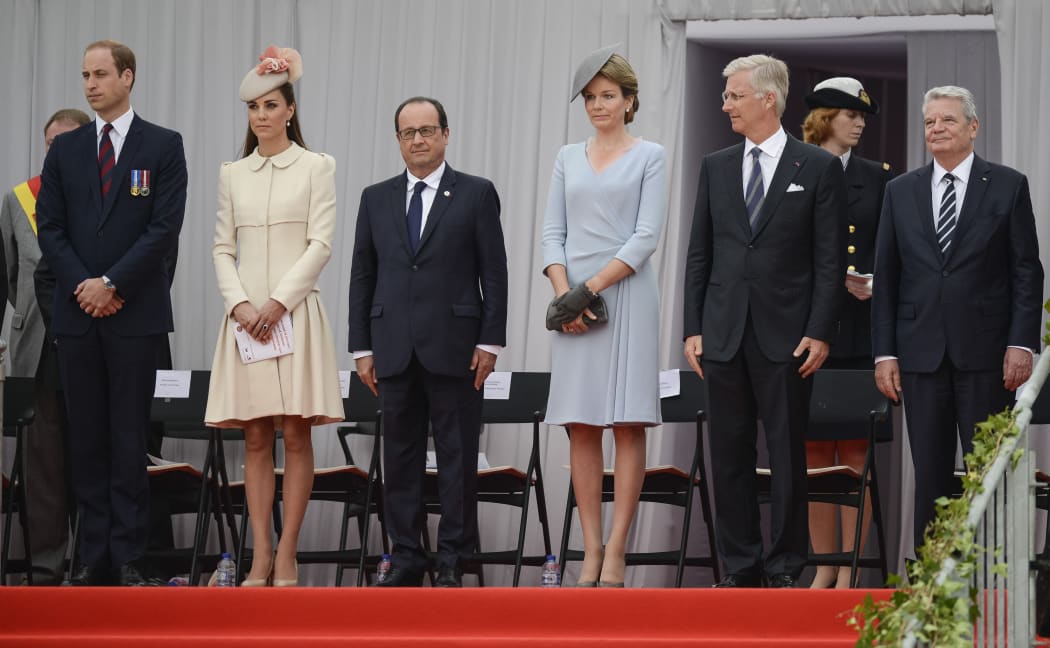 From left: Prince William, Catherine, the Duchess of Cambridge, French President Francois Hollande, Queen Mathilde and King Philippe of Belgium and German President Joachim Gauck at the commemoration in  Liege.