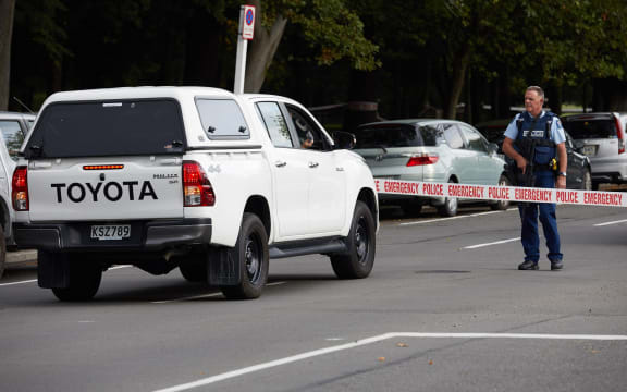 Police officers cordon off the area after gunmen attacked the two mosques and fired multiple times during Friday prayers in Christchurch.