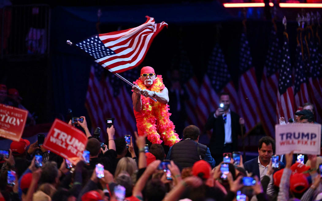 Former pro wrestler Hulk Hogan arrives to speak at a campaign rally for former US President and Republican presidential candidate Donald Trump at Madison Square Garden in New York on October 27, 2024. (Photo by ANGELA WEISS / AFP)