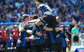 Auckland FC players celebrate a goal by Lachlan Brook of Auckland FC, Auckland FC v Brisbane Roar FC, round 5 A-League football match at Go Media Stadium, Auckland, New Zealand on Sunday 23 November 2025.
© Photo: Andrew Cornaga / Photosport