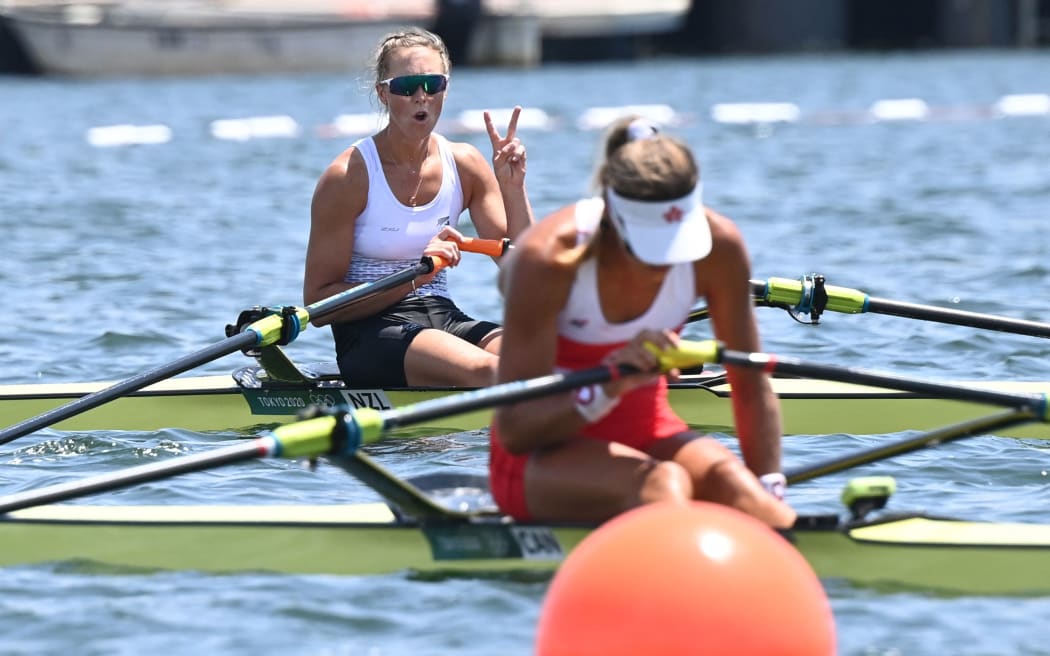 New Zealand's Emma Twigg reacts after finishing the women's single sculls semi-final during the Tokyo 2020 Olympic Games at the Sea Forest Waterway in Tokyo on July 29, 2021. (Photo by Luis ACOSTA / AFP)