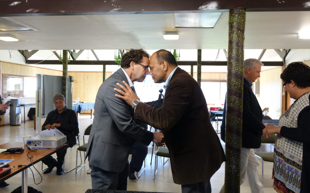 RNZ chief executive Paul Thompson and Te Whakaruruhau chairman Willie Jackson seal the deal.
