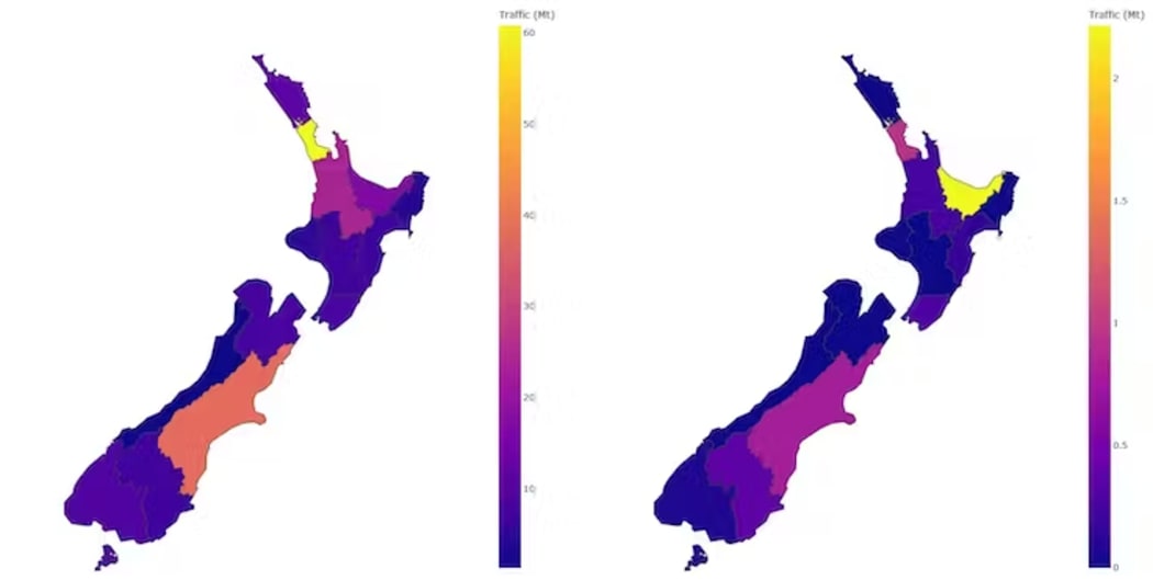 These maps show where trucks (left) and rail (right) deliver most freight (in million tonnes). Transport dashboard, CC BY-ND