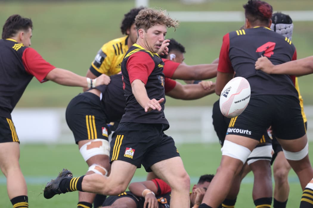 Chiefs under 20 halfback Ben Strang clears the ball during the Super Rugby Aotearoa Under 20 Competition match between Chiefs Rugby Club Under 20's and Hurricanes Rugby Club Under 20's at Owen Delany Park on 11 April 2021 in Taupō.