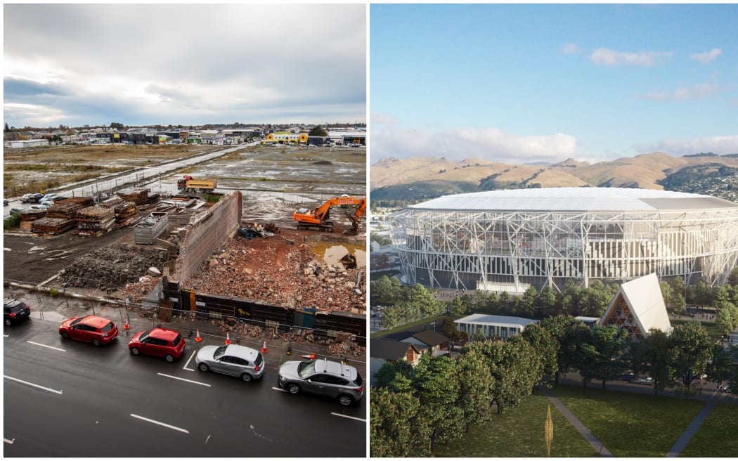 Christchurch stadium building site and illustration indicating design of new stadium.