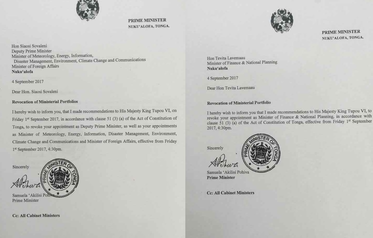 Letters to Tongan MPs