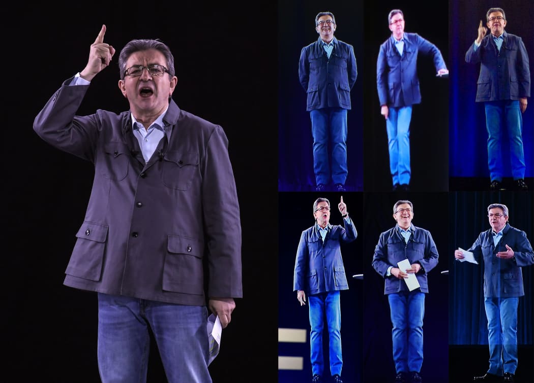 Jean-Luc Mélenchon delivering a speech in Dijon and holograms of him delivering speeches in a range of other places.