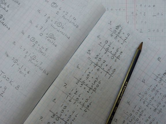 Open maths book with workings