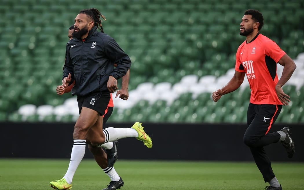 One of the older hands in the Flying Fijians and former captain Waisea Nayacalevu, leads the team's run at the Aviva Stadium, Dublin last November. Photo: INPHO/Ben Brady