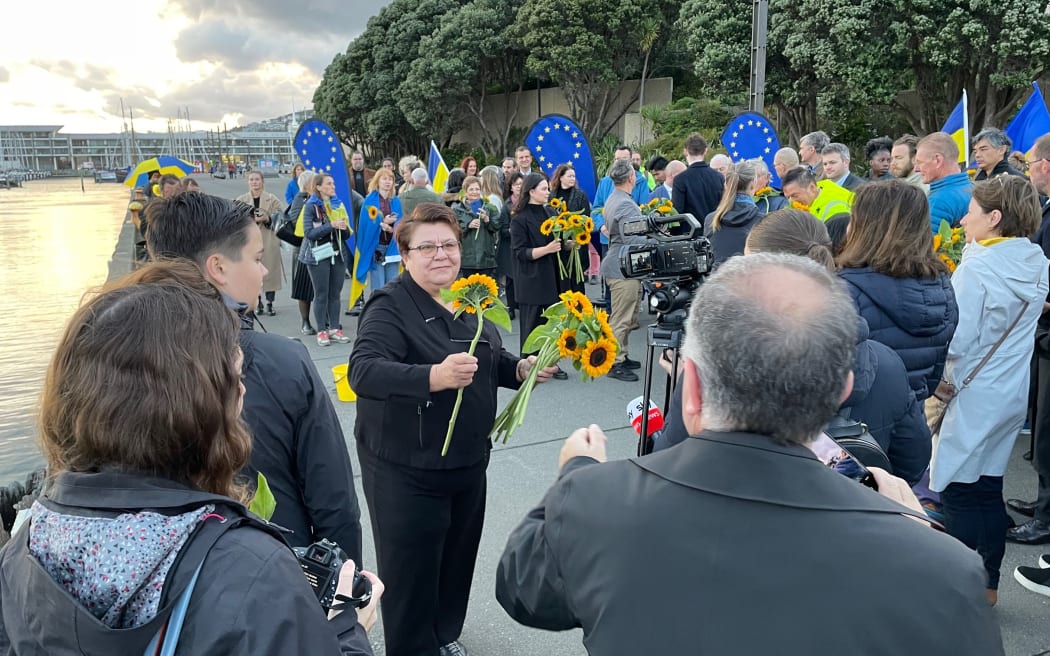People at Ukraine war anniversary event in Wellington