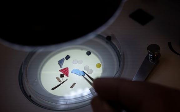 Director of the Marine Institute of Plymouth Professor Richard Thompson analyses nurdles and other micro-plastics thanks to a microscope, in a laboratory at the University of Plymouth, south western England, on February 27, 2023. What we see in the oceans in terms of microplastic pollution "is just the tip of the iceberg," says to AFP Professor Richard Thompson, specialist in this pollution and director of the Marine Institute and the School of Biological and Marine Sciences at the University of Plymouth (southern England), during an interview. (Photo by Ben Stansall / AFP)
