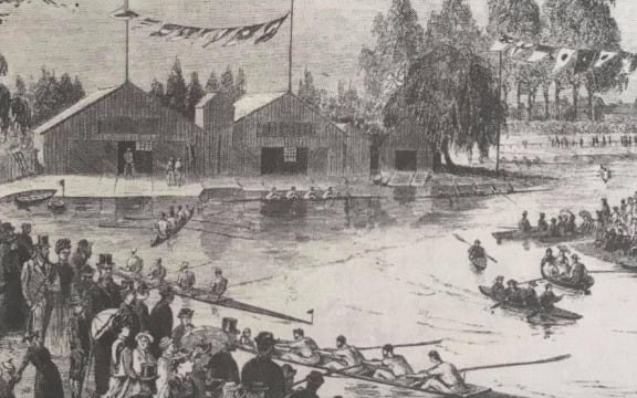 Artists impression of boat clubs on the Avon River about 1870.