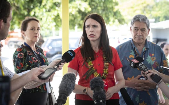 NZ Prime Minister Jacinda Ardern, left, and Minister of Foreign Affairs Winston Peters speak to the media during the Pacific Islands Forum. 5 September 2018.