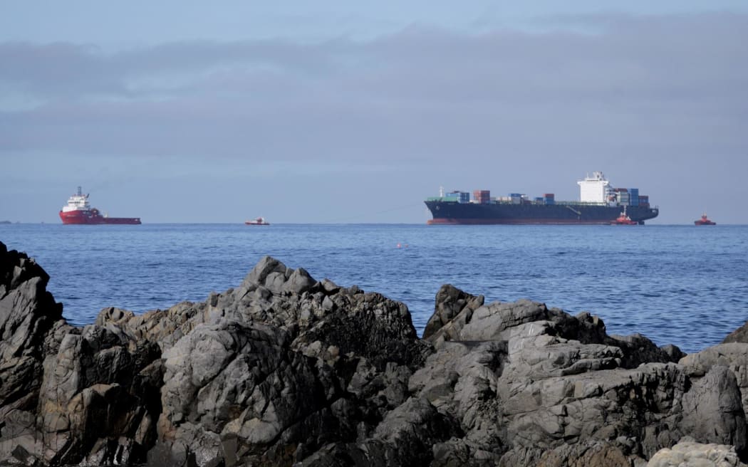 The MV Shiling cargo ship is being towed into Wellington Harbour this morning, 23 May, after losing power and issuing a Mayday call near Farewell Spit on 12 May.