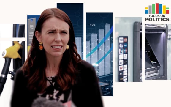 Collage of Jacinda Ardern, petrol pumps, ATM and bank profit charts