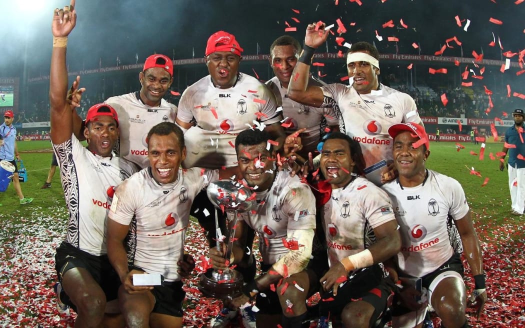 Fiji celebrate winning the 2015 Dubai Sevens.