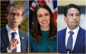 Director-General of Health Dr Ashley Bloomfield (far left), Prime Minister Jacinda Ardern and National Party leader Simon Bridges.