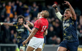 Siua Halanukonuka of the Highlanders celebrates his side's victory over the Lions.