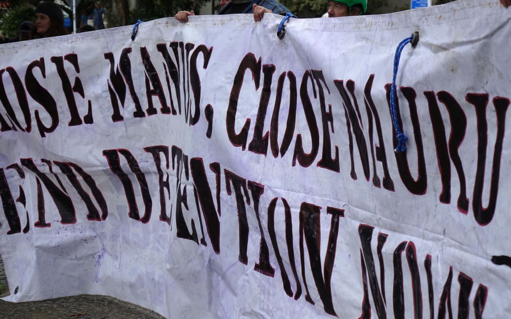 Protestors outside parliament in Wellington call for the closure of Australia's asylum seeker camps