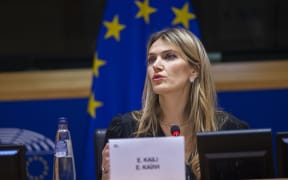 (File photo) A handout photo taken and released on 7 December, 2022 by European Parliament, Greek politician and European Parliament vice-president Eva Kaili speaks during the European Book Prize award ceremony in Brussels.