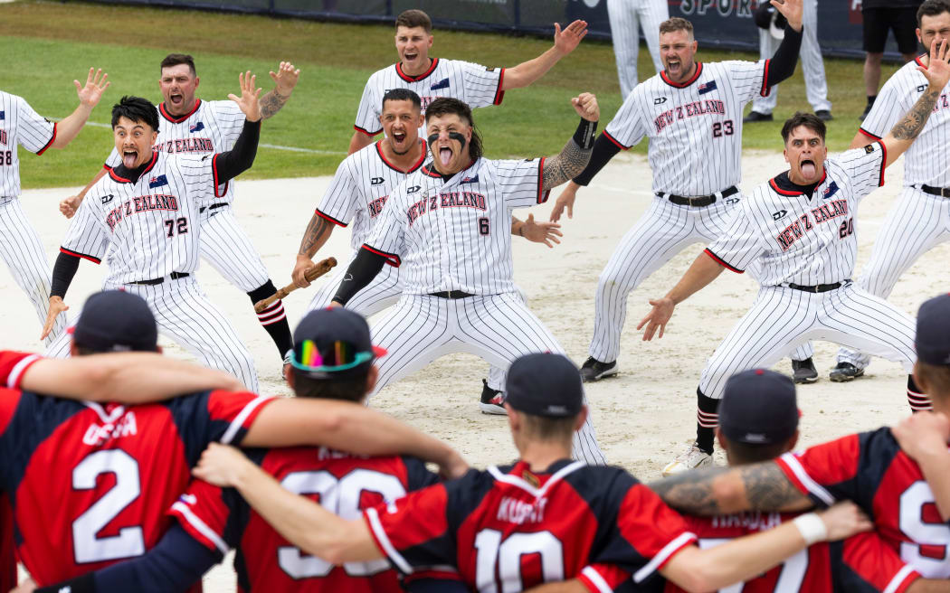 New Zealand Black Sox  during the haka before their Men’s Softball World Cup opening game against the Czech Republic.