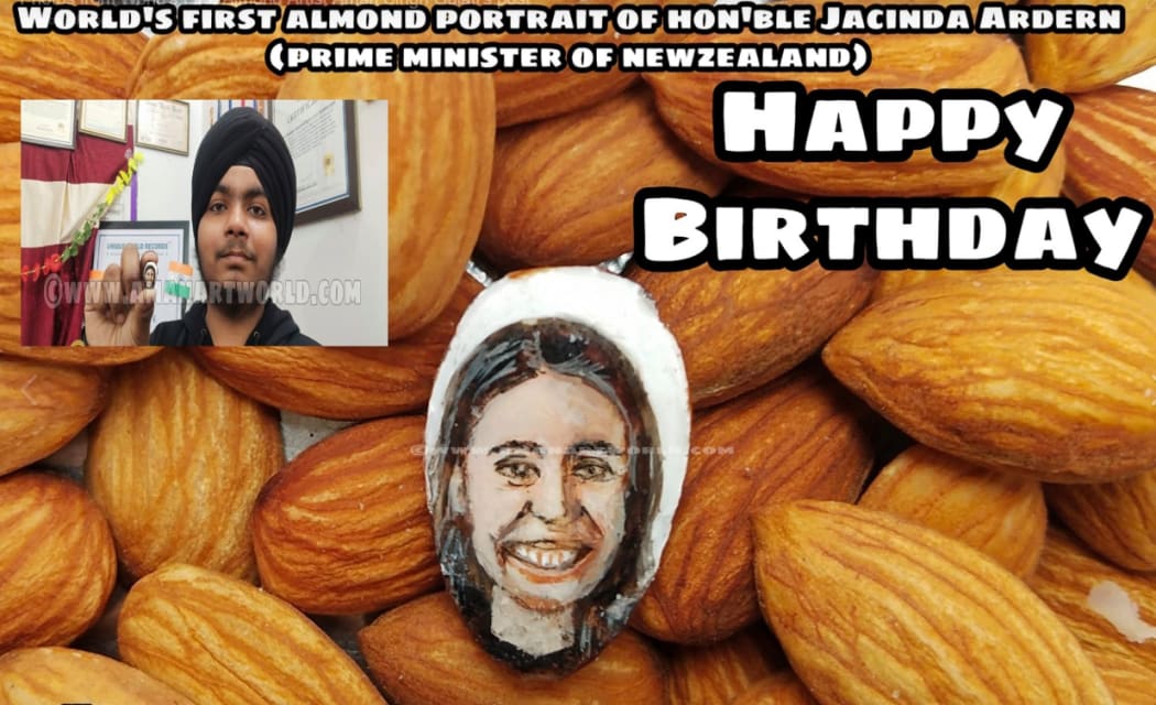 Prime Minister Jacinda Adern's almond portrait on Aman Gulati's facebook page.