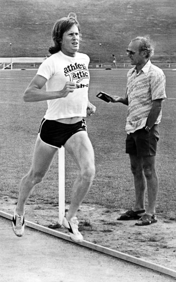 Sir John Walker and coach, Arch Jelley, 1980.