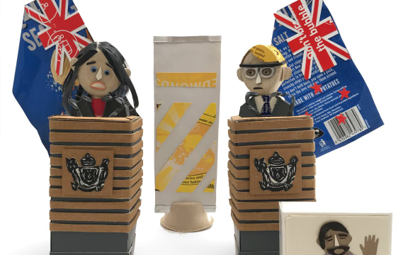 Jainda Ardern and Ashley Bloomfield, as made by Scott Savage and Colleen Pugh.