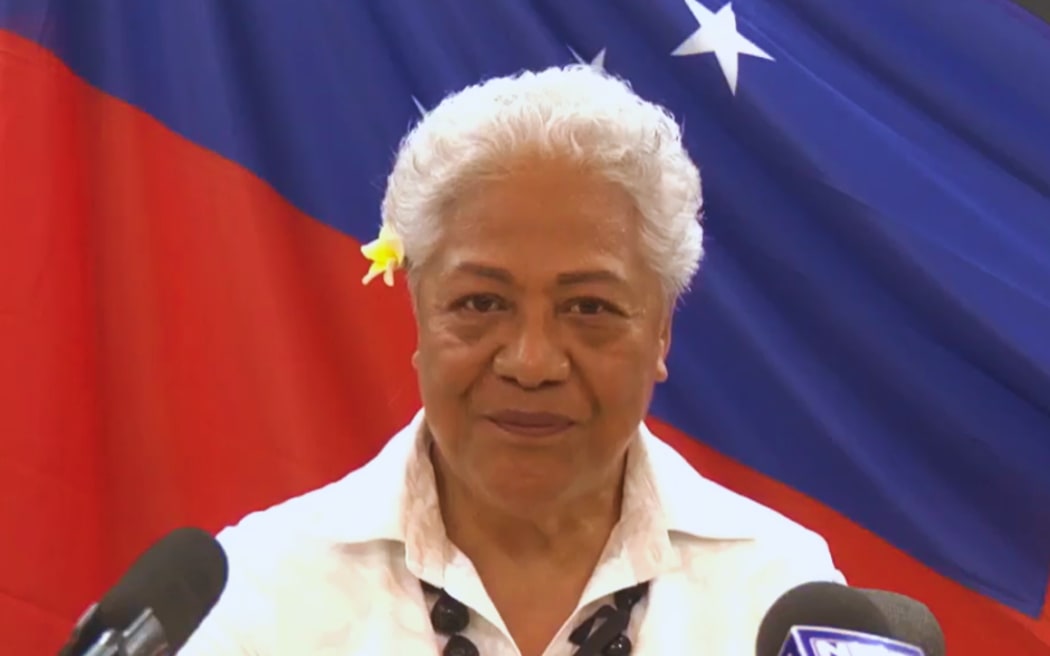 Fiame Naomi Mata'afa congratulates the Prime Minister-elect Laauli Leuatea Schmidt in her final news conference as caretaker prime minister. 9 September 2025