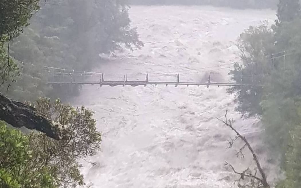 Hokitika Gorge in flood on Tuesday evening.