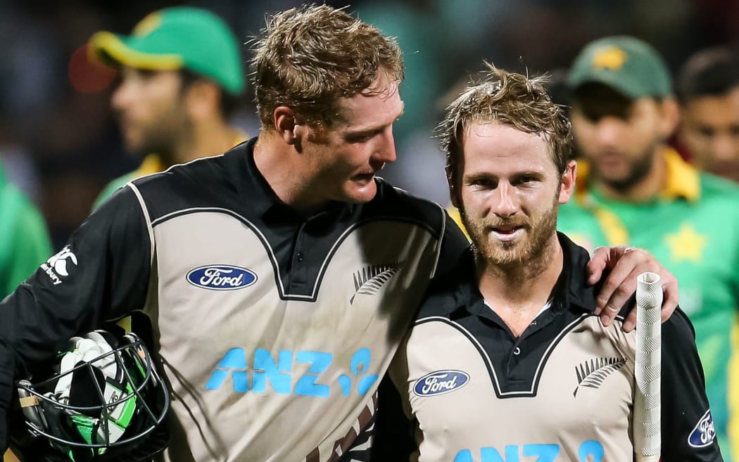Martin Guptill and Kane Williamson  after setting the world record for the highest partnership in T20i cricket.