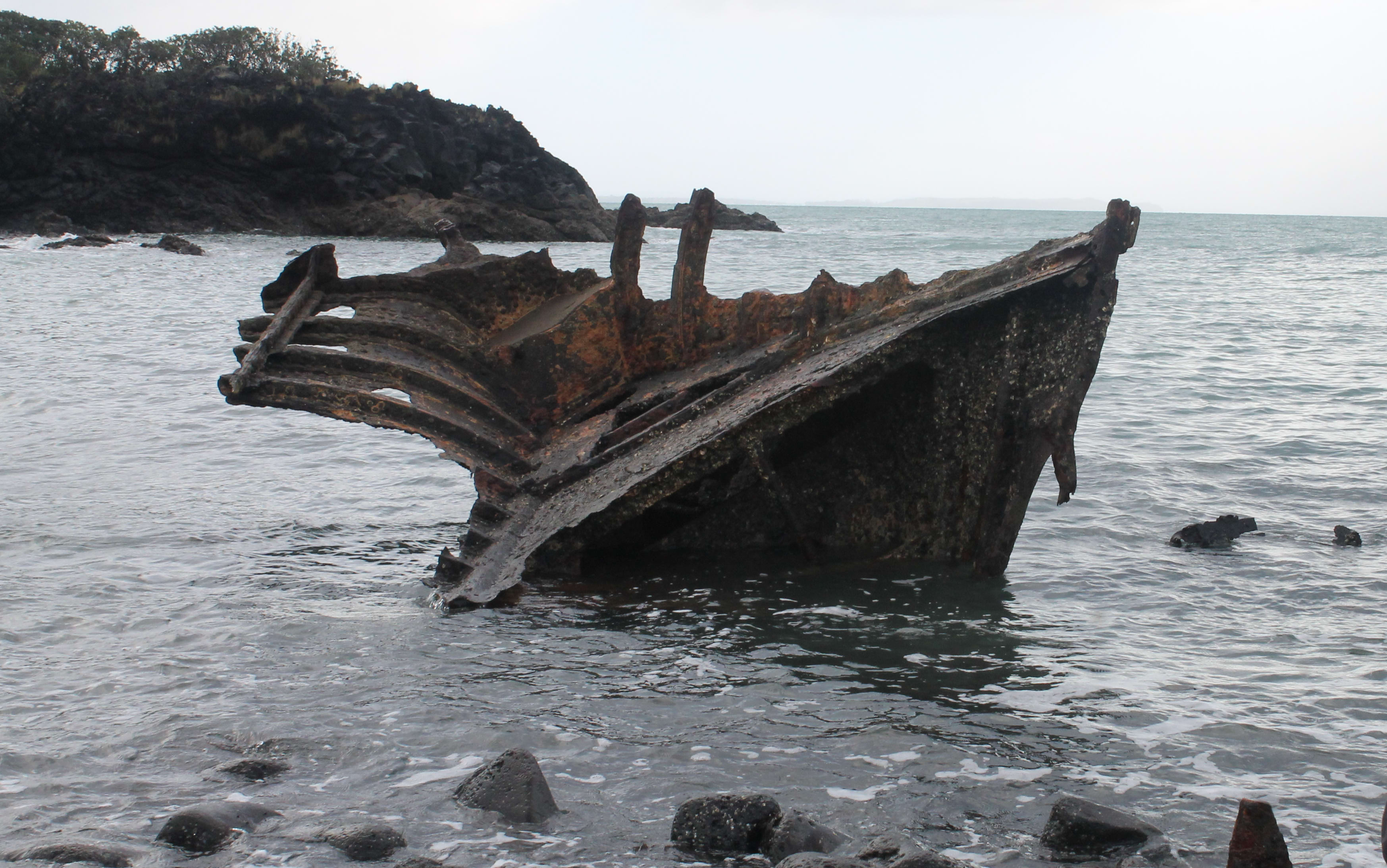 This is an image Kurt Bennett and the remains of the steamship Ngapuhi at 'Wreck' Bay.
