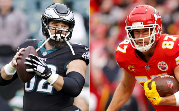 Jason Kelce of the Philadelphia Eagles and Travis Kelce of the Kansas City Chiefs
