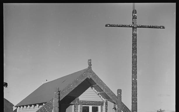 Mr P. Osborne and students standing outside Horohoro Native School, 1939