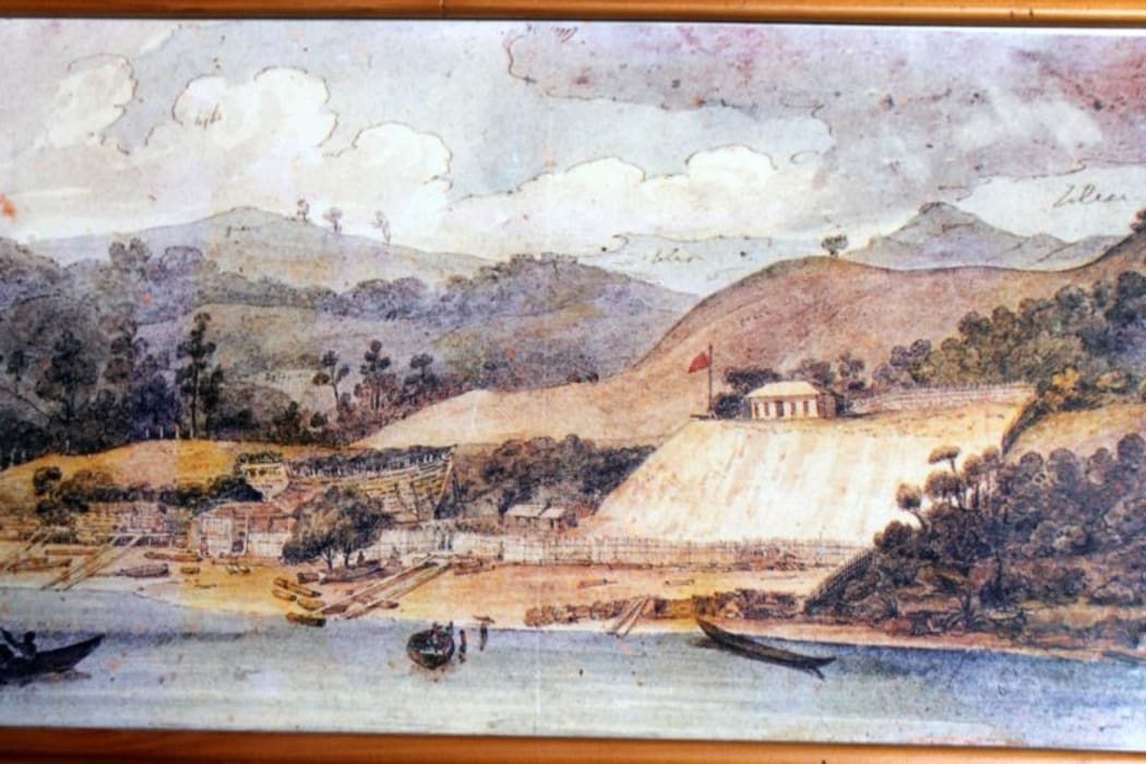 Horeke Shipyard in 1828 by Augustus Earle. Photograph of a print hanging in the Horeke Hotel 2016