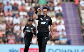 Trent Boult of New Zealand celebrates a wicket.