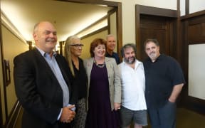 The meeting of the Screen Advisory Board. L-R is Steven Joyce, Jane Campion, Maggie Barry, James Cameron, Sir Peter Jackson and Jon Landau.