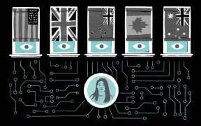 Stylised illustration of the flags of UK, NZ, CAN, AUS with eyes watching a person surrounded by data lines