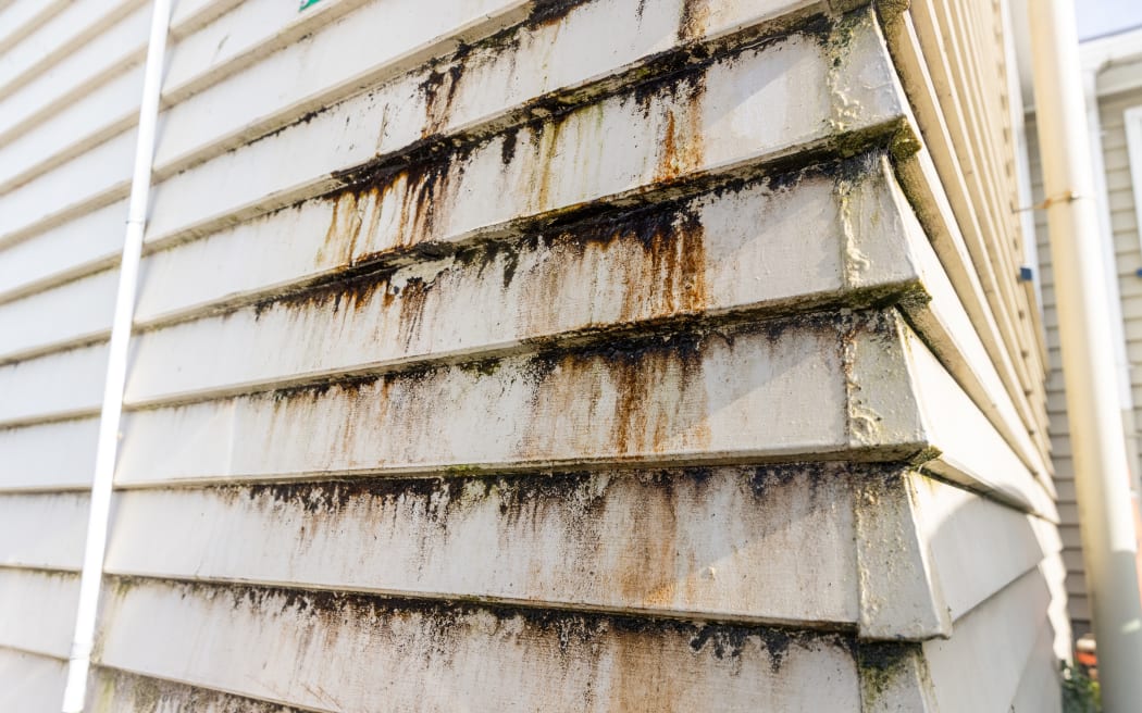 An external wall of the school buildings at Te Pā ō Rākaihautū shows what seems to be black mould and rust.