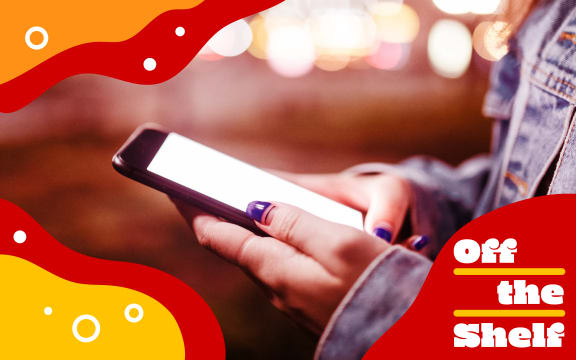 Off the Shelf: Woman checks her mobile phone with stylised yellow and red border