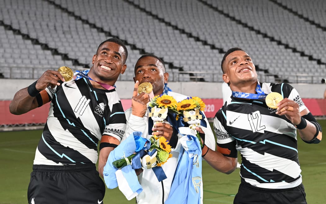 Fiji Team Winner Gold Medal during the Olympic Games Tokyo 2020, Rugby Sevens Men's Final Medal Ceremony on July 28, 2021 at Tokyo Stadium in Tokyo, Japan - Photo Bradley Kanaris / Photo Kishimoto / DPPI (Photo by BRADLEY KANARIS / Photo Kishimoto / DPPI via AFP)