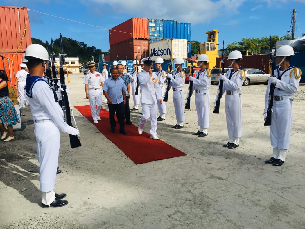Taiwan Ambassador to Palau  Wallace M. G. Chow and  the fleet's Rear Admiral Chen, Tao-Hui accompanied Vice President of the Republic of Palau Raynold Oilouch to join the welcoming ceremony March when the ships docked here.