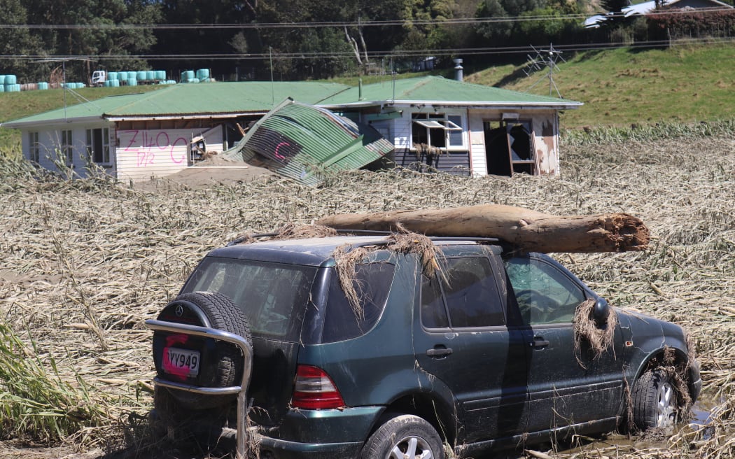 A scene of flooding damage. A stationary car is covered with tufts of muddy grass leftover from high flood waters. It has a large log sitting on top. There is pink spray paint over its number plate, indicating it has been written off. Behind the car is a field of trampled, muddy long grass slicked back and flattened by floodwaters. In the middle of the field is a small white and green house. The windows and doors have been destroyed, and the walls are dirty with mud. There is pink spray paint on the walls, indicating it has been written off.