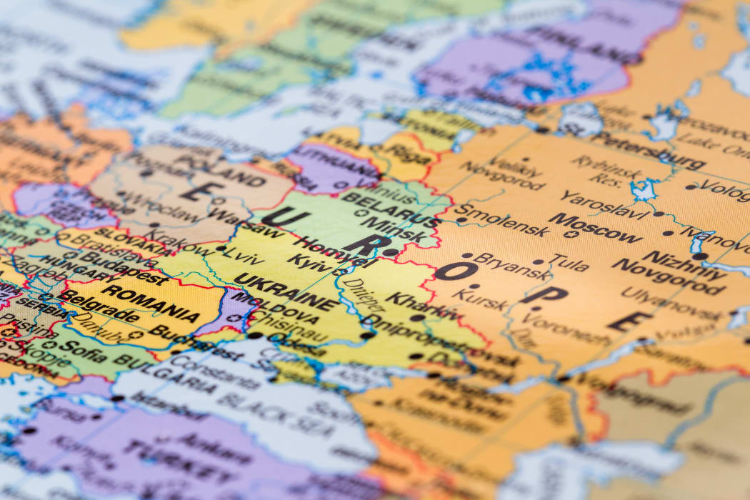 close up of a world map with the word Europe in focus