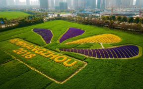 The 19th Asian Games logo is displayed near the under-construction venues in Hangzhou in China's eastern Zhejiang province.