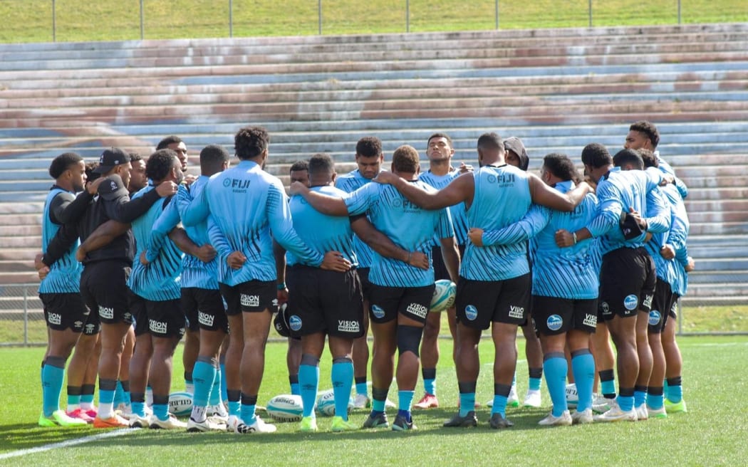 The Flying Fijians in a huddle at the Rotorua International Stadium on Friday as they prepare for Manu Samoa.