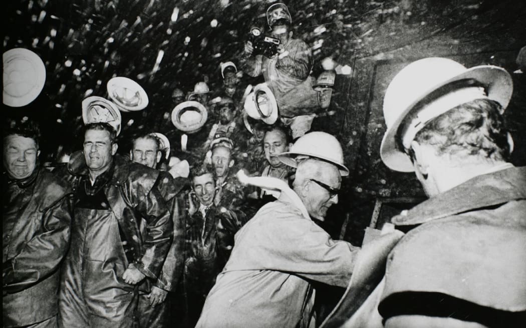 The ceremonial blast made through the Manapouri Power Station's tailrace in 1968.