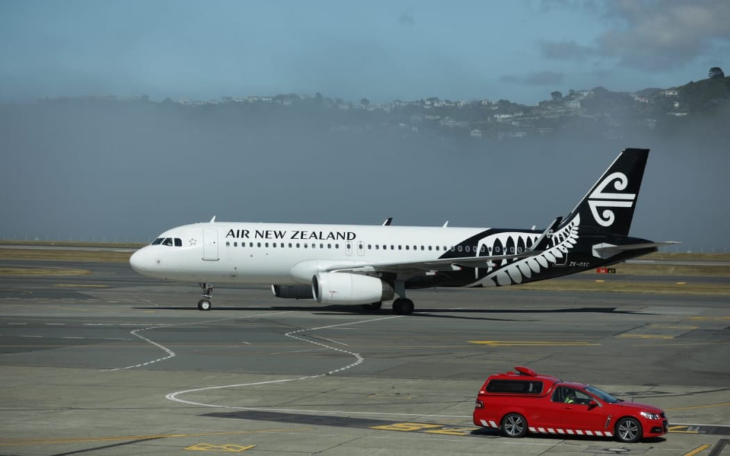An Air New Zealand plane at Wellington Airport as fog causes delays and cancellations.